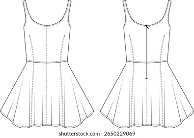 alça sem mangas alças de ombro amarradas u pescoço scoop pescoço princesa darted tailored ajuste uma linha de minivestido modelo técnico desenho plano esboço cad mockup moda mulher design estilo modelo 