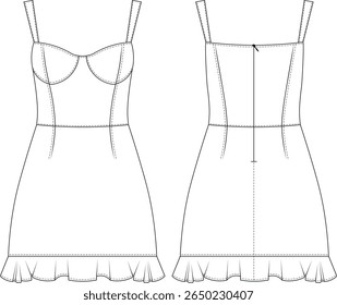 alça sem mangas alças de ombro amarradas princesa darted tailored quadrado pescoço zipado frilly bodycon mini vestido modelo técnico desenho plano esboço cad maquete moda mulher design estilo modelo 