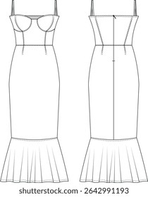 sleeveless strappy strapped shoulder tailored darted zippered frilled midi ankle length bodycon mermaid dress template technical drawing flat sketch cad mockup fashion woman design style model 