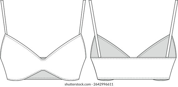 sleeveless strappy strapped spaghetti straps curved deep v neck cropped crop blouse top bustier bra template technical drawing flat sketch cad mockup fashion woman design style model 