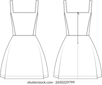 sem mangas strappy amarrado quadrado pescoço princesa darted personalizado zipado um balão de linha curto mini saia modelo técnico desenho plano esboço cad maquete moda mulher design estilo modelo 