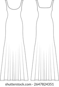 sleeveless strappy strapped u neck scoop neck flared a line fit long maxi dress template technical drawing flat sketch cad mockup fashion woman design style model 