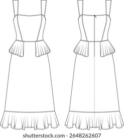 sleeveless strappy,strapped shoulder straps frilled ruffled hem waistband darted tailored zippered a line long maxi template technical drawing flat sketch cad mockup fashion woman design style model 