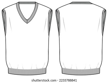 Sleeveless Sweater vest design flat sketch Illustration, sweater with front and back view, winter wear for Men and women. for hiker, outerwear and workout in winter