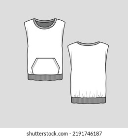 Sleeveless Sweatshirt Kangaroo Pocket crew neck rib hem Fashion top flat sketch technical drawing template design