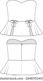 sleeveless sweetheart neck strapless flared peplum hem with bows low cut cutout zippered blouse top bustier template technical drawing flat sketch cad mockup fashion woman design style model 