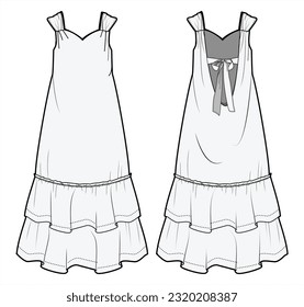 Sleeveless Sweetheart Neckline Frill Hem Maxi Dress Draped Back with Tie, Summer Maxi Dress Front and Back View. Fashion Flat Sketch Vector Illustration, CAD, Technical Drawing, Flat Drawing, Template