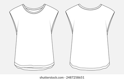 Camiseta sin mangas blusa para mujer dibujo técnico dibujo plano sketch Ilustración vectorial Plantilla vista frontal y posterior