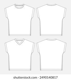 Sleeveless t shirt tops technical drawing fashion flat sketch vector illustration template for kids