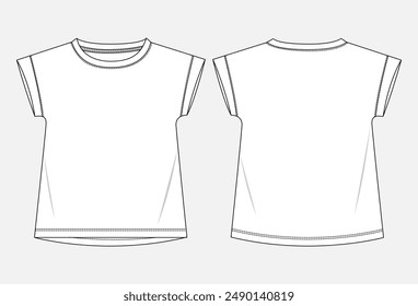 Sleeveless t shirt tops technical drawing fashion flat sketch vector illustration template for kids