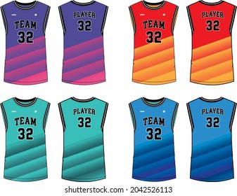 Sleeveless Tank Top Basketball jersey vest design set in 4 way colors template, sports jersey concept with front and back view for Men and women. Basketball, Volleyball jersey, tennis and badminton