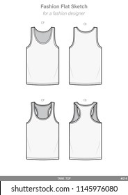 Sleeveless TANK TOP FASHION FLAT SKETCHES technical drawings teck pack Illustrator vector template