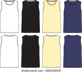 Sleeveless Tank Top Overall technical drawing fashion flat Sketch vector template front and back view. White, black, yellow and navy blue color mock up easy edit and customizable.