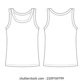 Sleeveless tank top technical sketch. Children girl outline t shirt underwear. Back and front view. Front and back view. CAD fashion design. Vector illustration