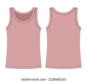 Sleeveless tank top technical sketch. Pudra color. Children girl outline t shirt underwear. Back and front view. CAD fashion design. Vector illustration