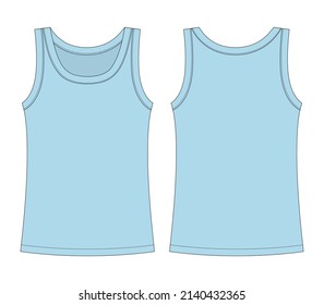 Sleeveless tank top technical sketch. Children girl outline t shirt underwear. Blue color. Back and front view. Front and back view. CAD fashion design. Vector illustration