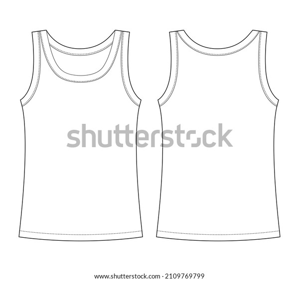 Sleeveless tank top technical sketch.\
Children girl outline t shirt underwear. Back and front view. Front\
and back view. CAD fashion design. Vector\
illustration