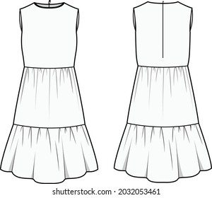 Geschmeidig gestuftes Zipper-Kleid, Kniescheibe-Length-Dress-Front und Rücken-View-Modegrafik-Vektorgrafik, CAD, technische Zeichnung, Flachzeichnung.	