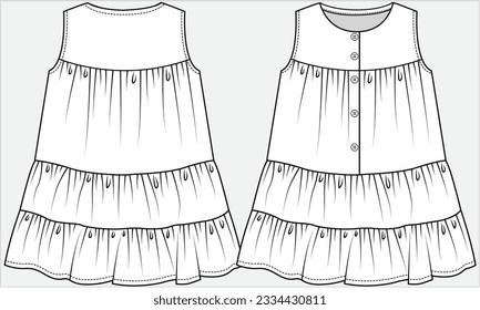 SLEEVELESS TIERED DRESS WITH  FRONT OPEN BIB CUT DETAIL KNIT DRESS DESIGNED FOR KID GIRLS AND TODDLER GIRLS IN VECTOR ILLUSTRATION