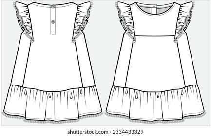 SLEEVELESS TIERED DRESS WITH  PRINCESS SEAM CUT AND EMPIRE CUT DETAIL WOVEN DRESS DESIGNED FOR KID GIRLS AND TODDLER GIRLS IN VECTOR ILLUSTRATION
