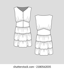 Schlittengänger mit gestuften Ruffeln, Pfosten-Dressknopfplatte Lagen Ruffles Sleevelless-Taille Modemantel mit flacher Skizze, Design-Vektorgrafik