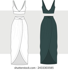 Sleeveless Top with Bodycon Front Knot Skirt Suit, Skirt and Crop Top Set Fashion Flat Sketch Vector Illustration, CAD, Technical Drawing, Flat Drawing, Template, Mockup.