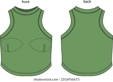 Sleeveless top with bra cups, vector fashion cad, round neck, sloping hem, jersey top drawing