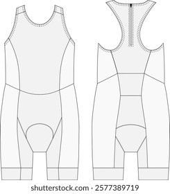 Sleeveless triathlon wetsuit cycling shorts technical CAD fashion illustration front and back views