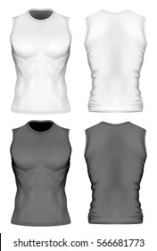 Sleeveless t-shirt with round neck on the men's sports figure (front and back views of t-shirt). Black and white variants of sleeveless t-shirt. Vector illustration. Fully editable handmade mesh.