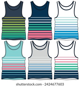 Sleeveless t-shirt set, with fashionable cuts, stripes, and block cuts with fashionable and attractive colors, in different variants making them more dynamic.