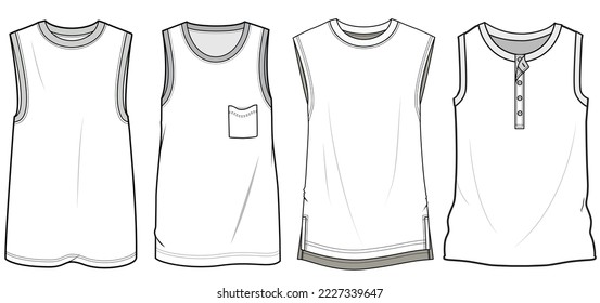 Sleeveless T-shirt, Tank Top Set Fashion Illustration, Vector, CAD, Technical Drawing, Flat Drawing, Template, Mockup	