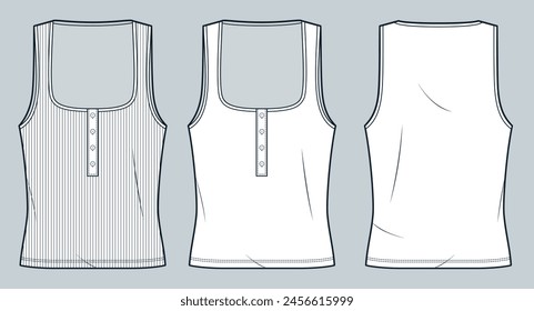 Sleeveless T-Shirt technical fashion illustration. Slim Fit Top fashion flat technical drawing template, square neck, button, front and back view, white, women, men, unisex CAD mockup set.