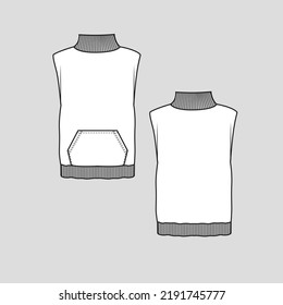 Sleeveless Turtle Neck Sweatshirt Kangaroo Pocket high neck Fashion drawing template design  flat sketch  vector