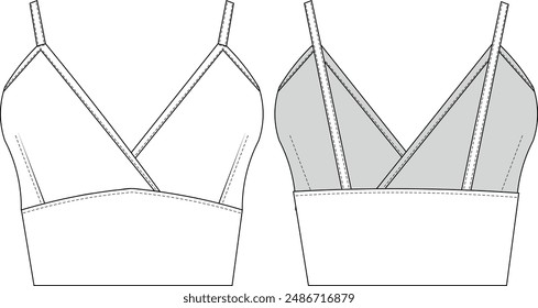 sleeveless v neck backless shoulder straps strappy cropped crop blouse top template technical drawing flat sketch cad mockup fashion woman design style model 