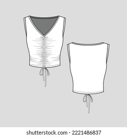 Sleeveless V Neck Gathering Knotted hem Crop Top shirred ruched  knot tie hem detail fashion flat sketch drawing template design vector