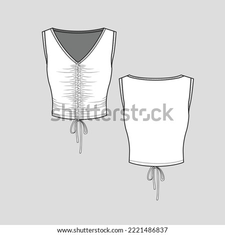Sleeveless V Neck Gathering Knotted hem Crop Top shirred ruched  knot tie hem detail fashion flat sketch drawing template design vector