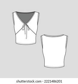 Sleeveless V Neck Knotted Crop Top   knot tie Neck detail clothing fashion flat sketch technical drawing template design vector