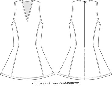 sleeveless v neck zippered princess darted peplum hem long blouse top template technical drawing flat sketch cad mockup fashion woman design style model 