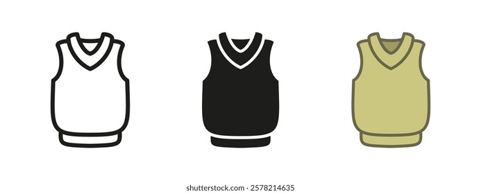 Sleeveless vest icon. Sleeveless waistcoat vector illustration. Jumper clothing symbol. Winter sleeveless coat or jacket sign. Knitted warm clothes pictogram. Man's style garment apparel concept.