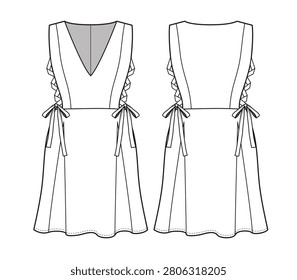 Sleeveless V-Neck Mini Dress with Side Lace-Up Detail Flat Sketch