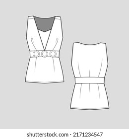 Sleeveless waist panel buckle top V Neck peplum fashion t shirt top blouse flat sketch technical drawing template vector