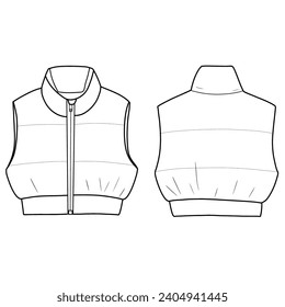 Sleeveless warm outwear jacket, puffer jacket. Vector technical sketch. Mockup template.