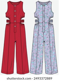 SLEEVELESS WIDE LEG  JUMPSUIT PLAYSUIT WITH CUT OUT DETAIL AT WAISTLINE DESIGNED FOR TEEN GIRLS AND KID GIRLS IN VECTOR FILE