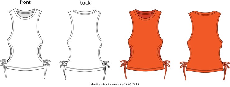 sleeveless women's knit top with cut-out on the sides, orange color top drawing, apparel design, fashion woman top