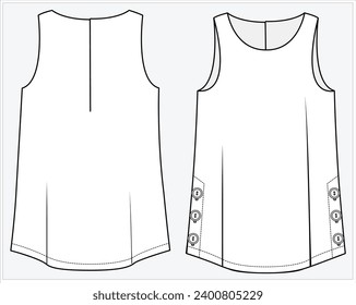 SLEEVELESS WOVEN TOP WITH FRONT BUTTONED DETAIL DESIGNED FOR WOMEN AND TEEN GIRLS IN  VECTOR ILLUSTRATION FILE