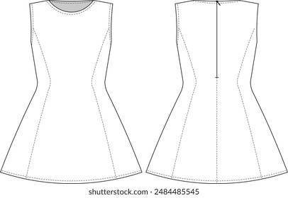 sin mangas con cremallera redondo cuello redondo cuello redondo princesa darted corto mini a-line vestido Plantilla dibujo técnico plano sketch cad maqueta de moda mujer diseño modelo 