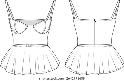sleeveless zippered strapped strappy spaghetti straps fit square neck flared frilled bow tie belted peplum blouse template technical drawing flat sketch cad mockup fashion woman design style model 