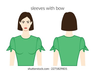 Sleeves with bow short length clothes character beautiful lady in green top, shirt, dress technical fashion illustration, fitted. Flat apparel template front, back sides. Women, men unisex CAD mockup