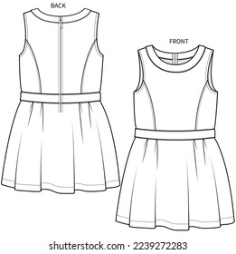 SLEEVLESS EMPIRE CUT DRESS WITH BOX PLEAT FOR KID GIRLS AND TEEN GIRLS IN EDITABLE VECTOR