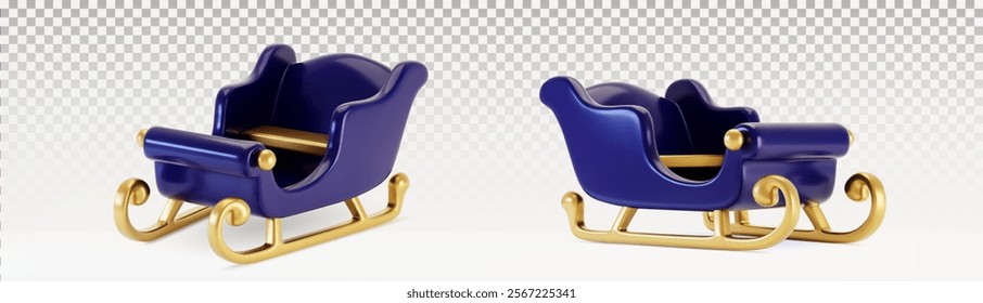 Sleigh 3d model with deep blue seat and golden ornate runners. Luxury winter transport in different view angles. Decorative holiday vehicle element for Christmas design and xmas congratulation.